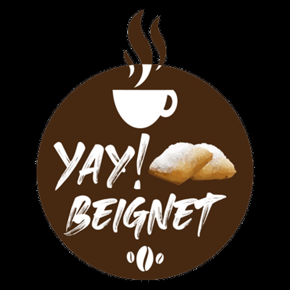 Yay! Beignet logo with a coffee cup, two beignets, and coffee beans on a brown circle.