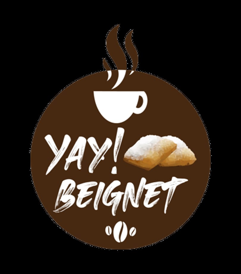 Yay! Beignet logo with a coffee cup, two beignets, and coffee beans on a brown circle.