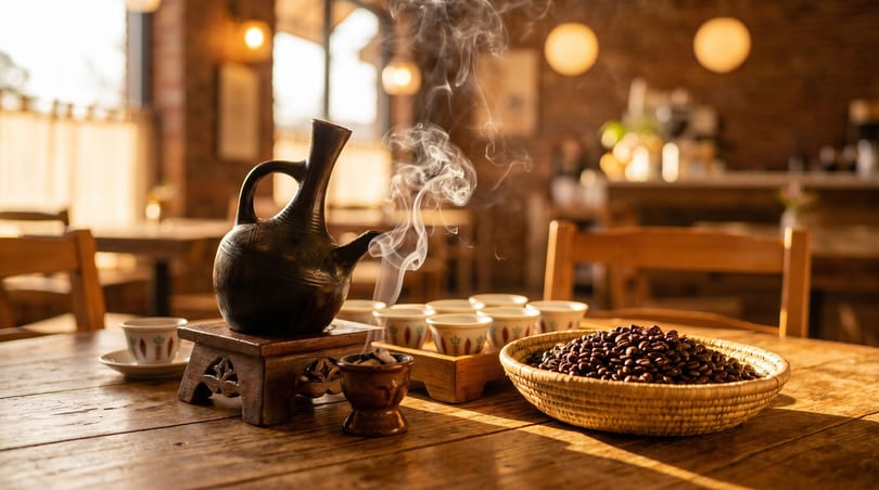Steaming jebena and coffee cups on a wooden table with a basket of coffee beans.