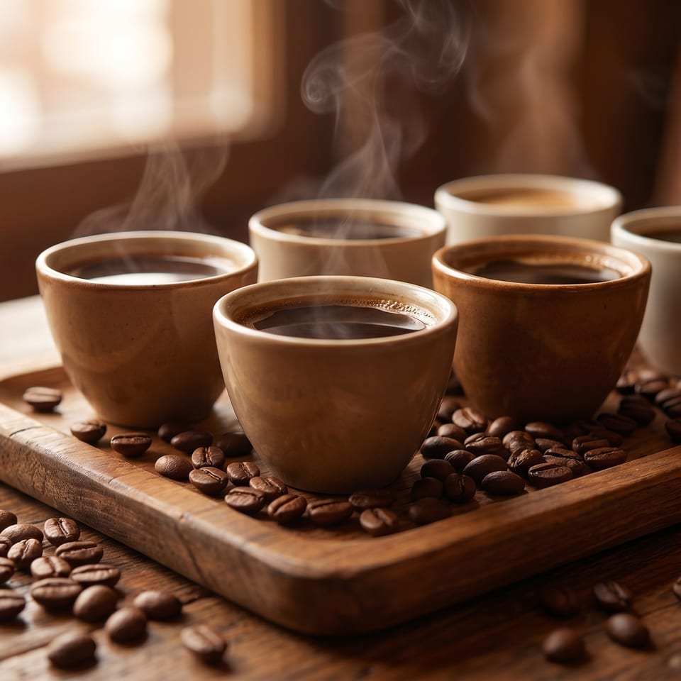 Steaming cups of coffee and scattered beans on a wooden tray and table.