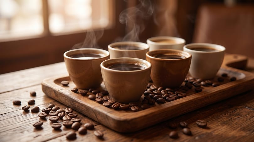 Steaming cups of coffee and scattered beans on a wooden tray and table.