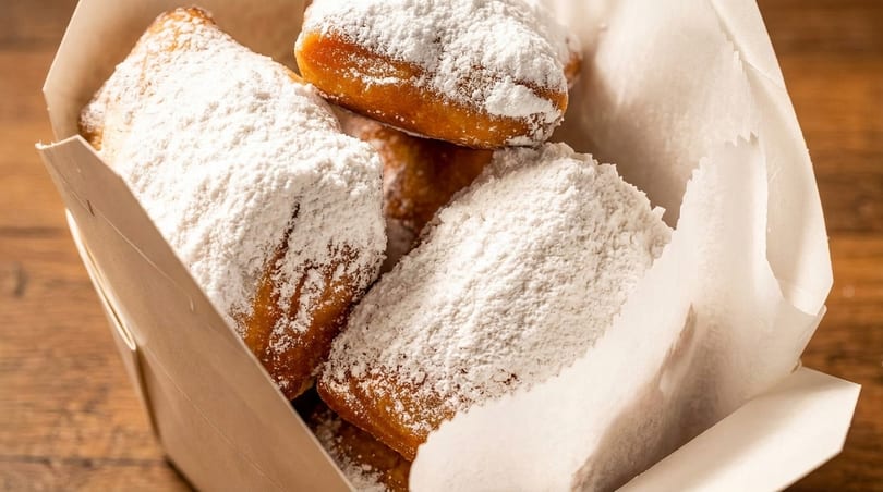 Golden-brown beignets generously dusted with powdered sugar, served in a paper bag.